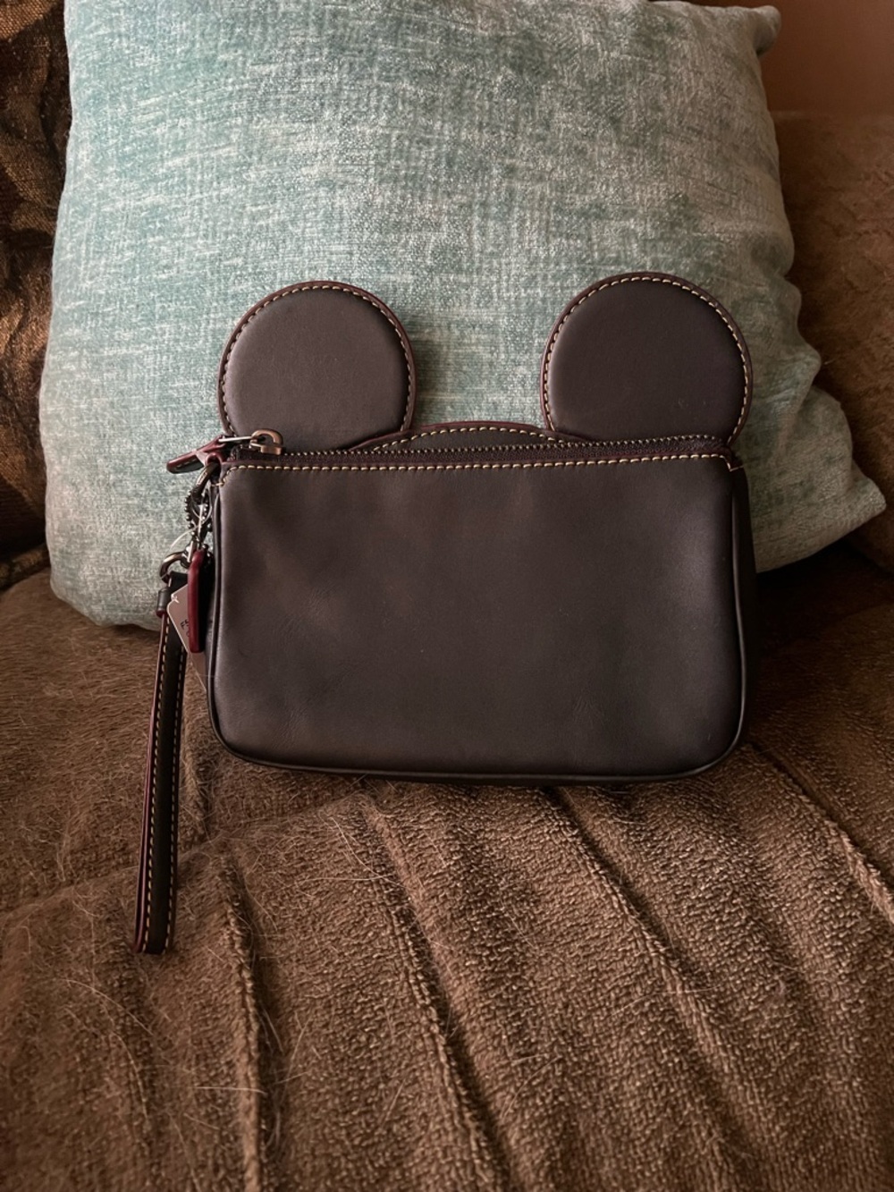 Coach Black Leather Mickey Ear Wristlet Keychain - Picture 2 of 3